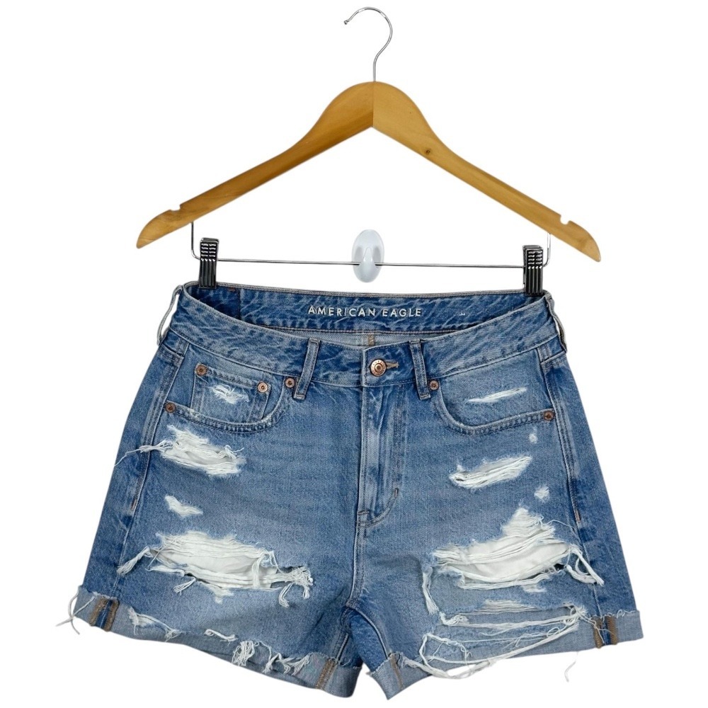 American Eagle Women's Short Denim Distressed Ripped Cuffed Hem Light Wash Sz‎ 2